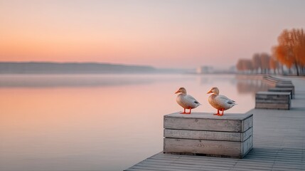 Two Ducks Perched on a Concrete Block by a Calm Lake During a Soft Sunrise with Hazy Horizon and Bare Trees Lining the Shore