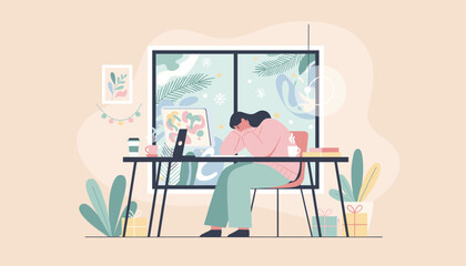 Tired woman sleeps at her desk experiencing work burnout and winter fatigue in a cozy home office