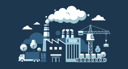 Obraz premium Industrial factory production and logistics infrastructure flat design illustration on a dark background