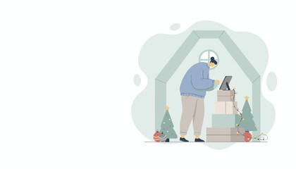 Online holiday shopping Woman uses a tablet near gift boxes and Christmas trees
