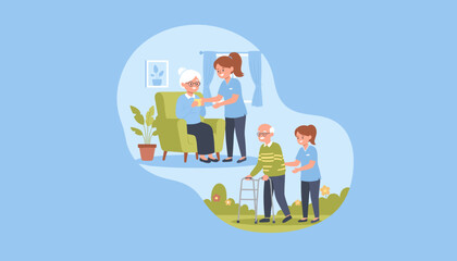 Professional nurses providing care support and assistance to elderly residents