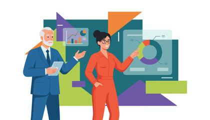 Professionals analyzing financial data and charts Strategy consulting and business presentation illustration