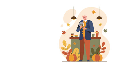 Obraz premium Senior man using smartphone in modern autumnal cafe setting vector illustration