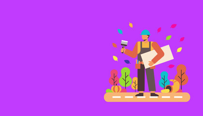 Handyman illustration with paintbrush and plan surrounded by autumn decor on a purple background