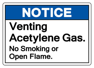 Notice Venting Acetylene Gas No Smoking No Open Flame Symbol Sign ,Vector Illustration, Isolate On White Background Label. EPS10
