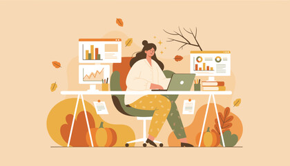 Remote work in Autumn Woman analyzing data on a laptop surrounded by fall decor