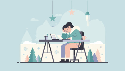 Illustration of tired worker suffering winter depression working from home office on laptop