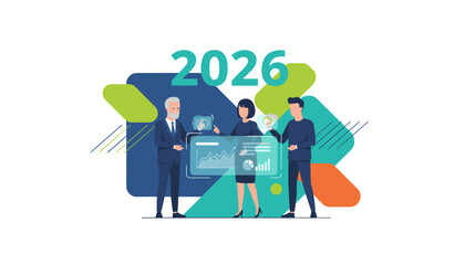 Business team analyzes data for 2026 planning on a holographic screen