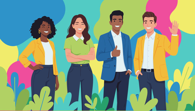Happy diverse professional team collaboration illustration Positive business concept
