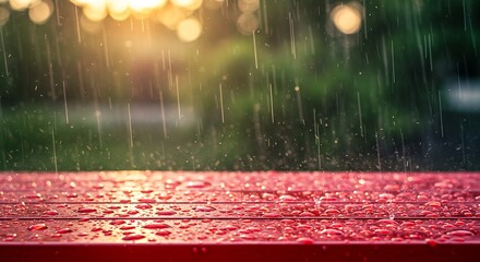 Raindrops falling on a red wooden surface with a blurred green background and bokeh lights.