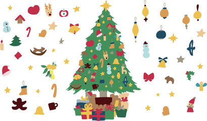 クリスマスツリーのイラスト。12月のツリーとオーナメントのセット。サンタとトナカイの飾り。Christmas tree illustration. Set of December trees and ornaments. Santa and reindeer decorations.
