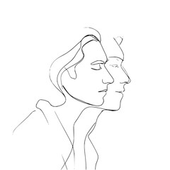 Continuous line drawing showcasing two people in profile with minimalist artistic expression and style