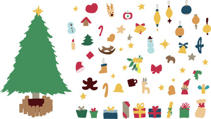 クリスマスツリーのイラスト。12月のツリーとオーナメントのセット。サンタとトナカイの飾り。Christmas tree illustration. Set of December trees and ornaments. Santa and reindeer decorations.