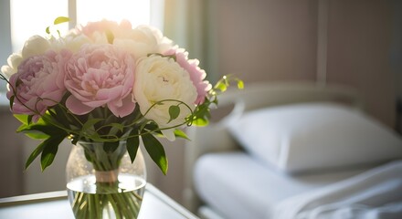 a bouquet of pastel peonies rests in a glass vase beside a hospital bed.