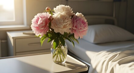 a bouquet of pastel peonies rests in a glass vase beside a hospital bed.