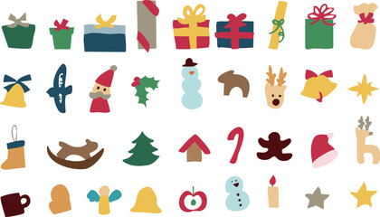 クリスマスツリーのイラスト。12月のツリーとオーナメントのセット。サンタとトナカイの飾り。Christmas tree illustration. Set of December trees and ornaments. Santa and reindeer decorations.