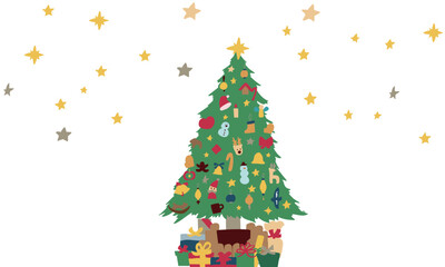 クリスマスツリーのイラスト。12月のツリーとオーナメントのセット。サンタとトナカイの飾り。Christmas tree illustration. Set of December trees and ornaments. Santa and reindeer decorations.