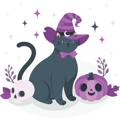 Halloween Black Cat in Witch Hat with Pumpkin and Skull vector illustration