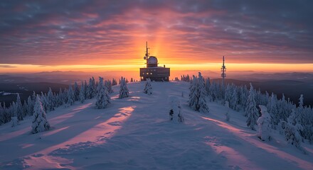 Snowy Mountain Top Observatory at Sunrise with Dramatic Sky.