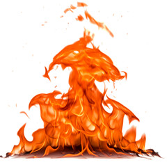 Vibrant orange fire flame with a mythical phoenix shape isolated on a white background