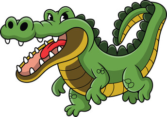 Obraz premium Cartoon crocodile illustration, green reptile character, funny animal drawing, children’s book mascot, playful vector, open mouth, sharp teeth, jungle