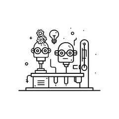Obraz premium Illustration of two robots with gears and lightbulb on a laboratory table in black and white style
