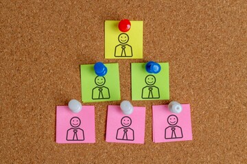 Organizational hierarchy with colorful sticky notes arranged in a pyramid structure on a cork board. Business team structure and leadership concept.