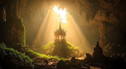 Sunlit Temple in a Mystical Cave with Lush Greenery and Ancient Architecture.