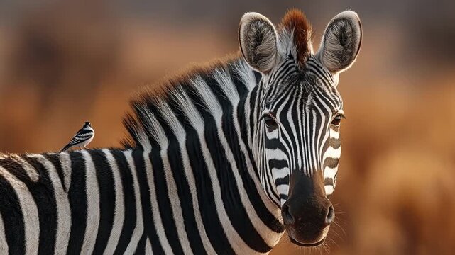 Close-Up View of a Zebra with Striking Black and White Stripes Standing in a Golden Savanna Landscape During Early Morning Light