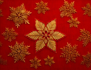 Red Fabric Background  with Gold Embroidered Snowflakes, Close-Up