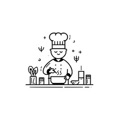 Chef preparing food in a bowl with kitchen utensils and plants in a minimalist line art illustration