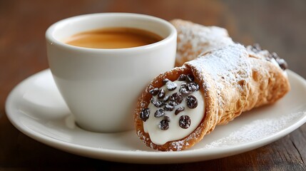 Rich espresso beverage sits beside sweet, cream-filled pastry dusted with powdered sugar