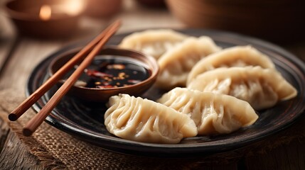 Steamed savory parcels rest on a dark plate accompanied by dipping sauce and wooden utensils