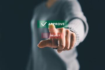 Businesswoman ticking correct mark to approve project, management concept examination, survey,...