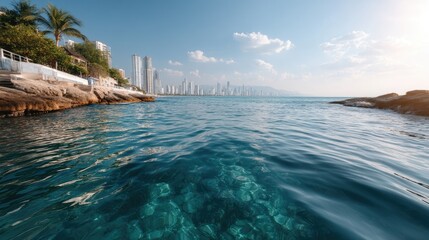 Vast Ocean View Towards Distant City Skyline with Lush Greenery on Rocky Shoreline Under Bright Sunlight and Clear Blue Sky