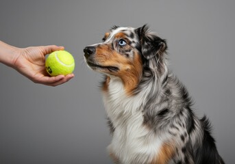 Person presents bright yellow ball to attentive canine with striking blue eyes against a plain backdrop