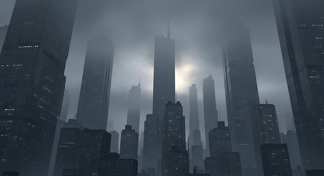 Cityscape skyline buildings urban architecture misty fog skyscrapers downtown dark moody cityscape photography -smog air pollution - Powered by Adobe