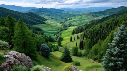Vast Panoramic Landscape Of Rolling Green Hills And Forested Valleys Under A Cloudy Blue Sky With Bright Sunlight Illuminating The Lush Vegetation