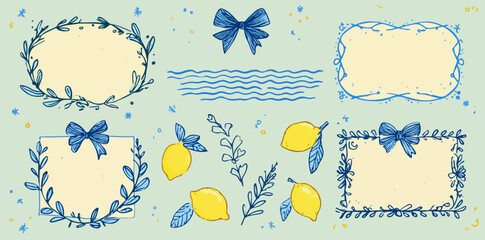 An elegant vector graphic resource featuring a delightful assortment of decorative frames, fresh lemons, botanical elements, and charming blue bows for various creative design projects.