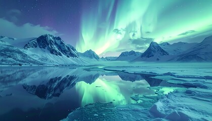 Obraz premium Spectacular Northern Lights Illuminating Frozen Arctic Mountain Landscape with Reflective Ice.