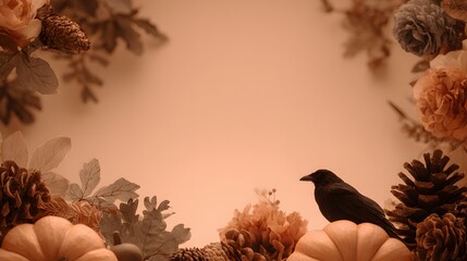 Obraz premium Autumnal display features a dark bird perched upon a pale gourd surrounded by natural decorative elements