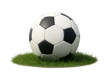 Fototapeta premium Football balancing on a small patch of green grass. Sport, game, and competition concept with a transparent background