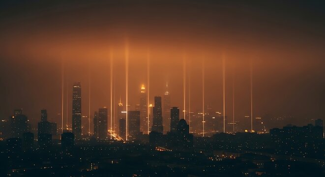Golden hour cityscape skyline aerial view of modern urban architecture with light beams and city lights -smog air pollution
