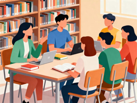 A collaborative study group of diverse students and their teacher learning together with laptops and books in a modern library classroom