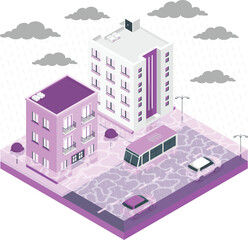 Isometric city street with buildings, tram, and cars in rain architecture