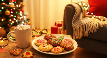 A cozy Christmas scene with a plate of decorated cookies and a steaming cup of hot cocoa on a wooden table in a warmly lit living room.