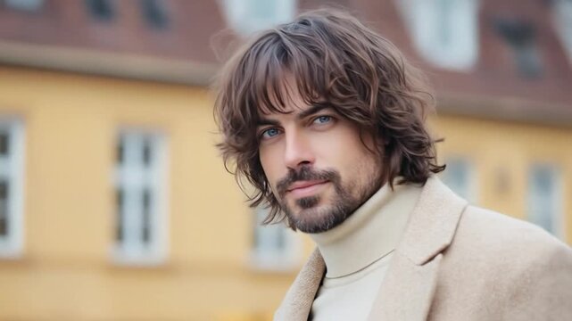 Portrait of a handsome man with brown hair and blue eyes wearing a beige coat and turtleneck outdoors urban setting