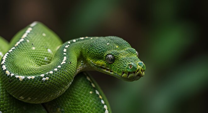Vibrant green tree python with white spots coiled on a branch.
