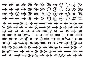 Naklejka premium Arrow icon set, arrow cursor collection, black arrows icons vector set. Set of big black vector arrows. Arrow icon. Mega set of vector arrows. Set of many different arrow icon. Black long arrow icon.
