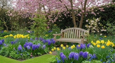 A wooden bench sits in a vibrant garden filled with a variety of colorful flowers, including daffodils, hyacinths, and tulips.